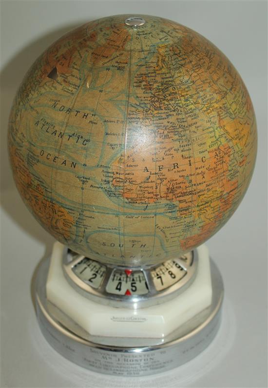 A Jaeger Le Coultre electric revolving globe timepiece, 10.5in.